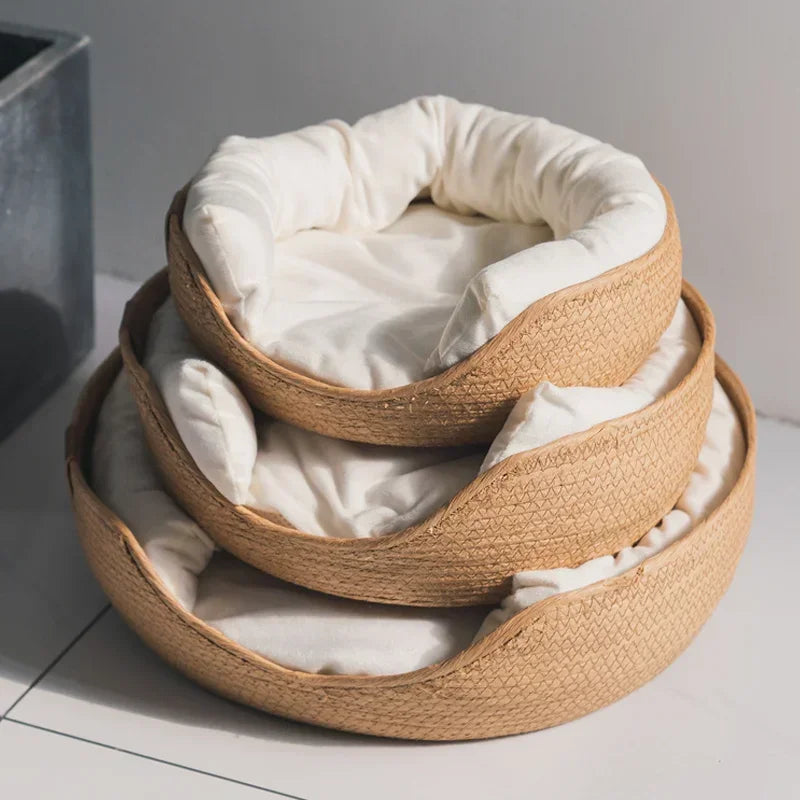 Woven Bamboo-Style Cat Basket Bed with Cushion & Pillow