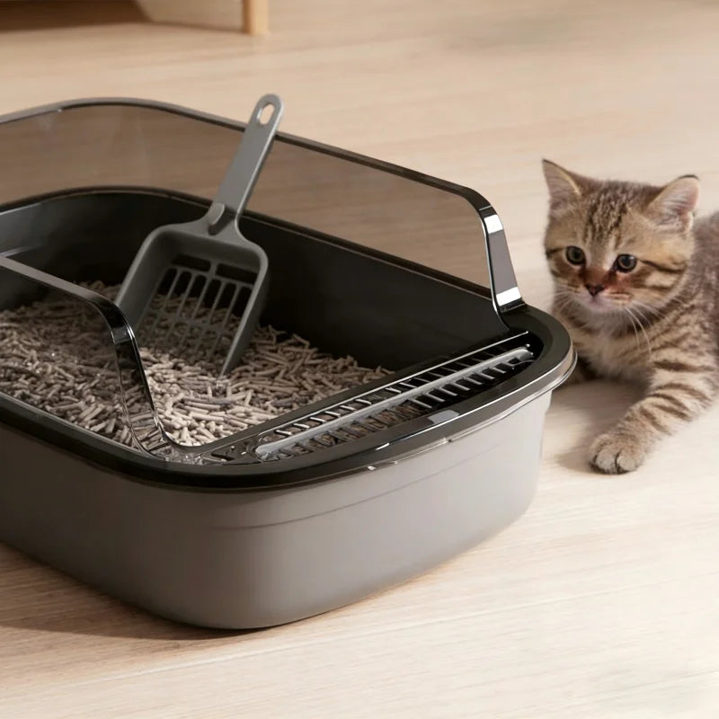 Semi-Enclosed Raised-Side Cat Litter Box for Kittens & Cats