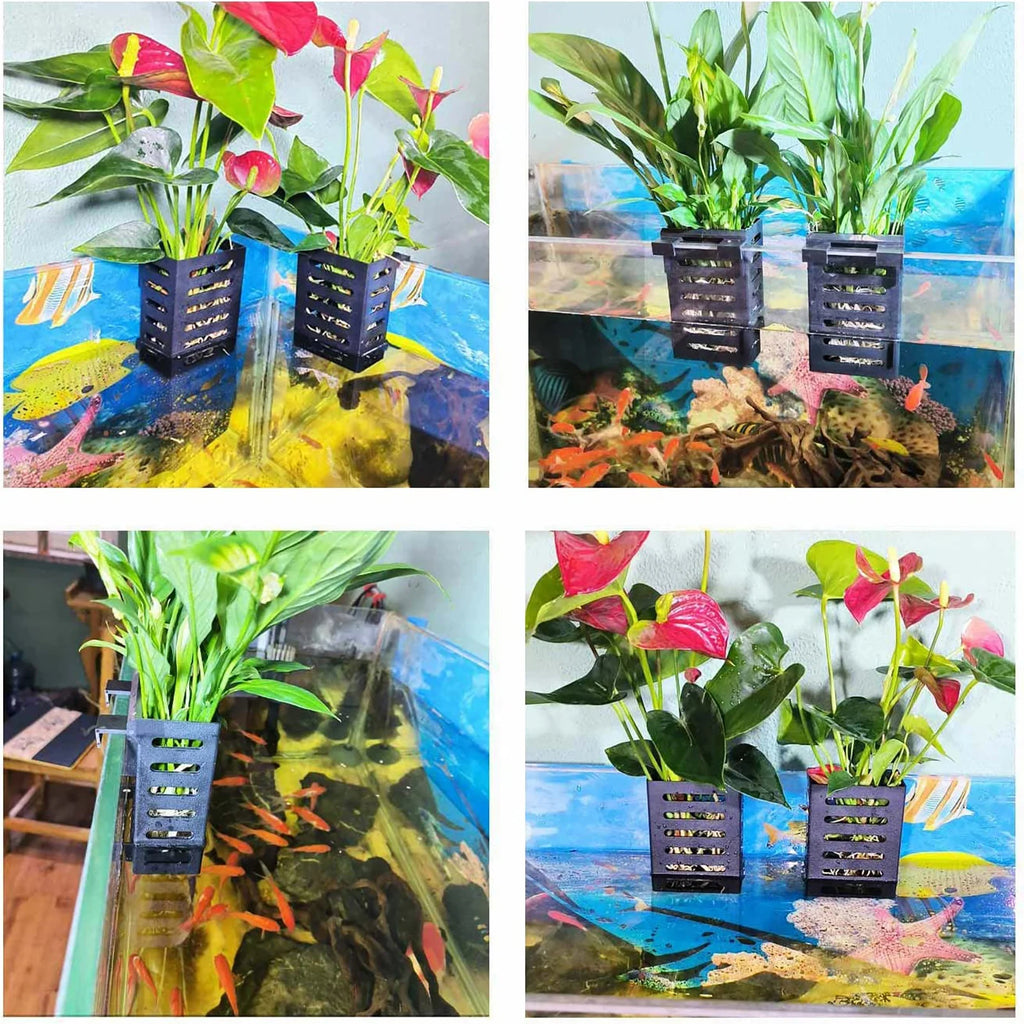 Pet Fish Tank Decorations Aquarium Plant Stand Adsorbable Hydroponic Plant Storage Plastic Aquarium Square Hollow Storage Basket
