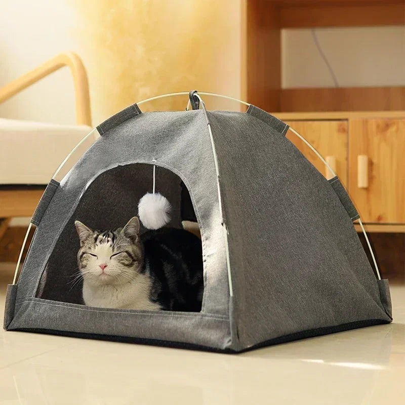 Semi-Enclosed Canvas Tent Bed for Cats & Small Dogs