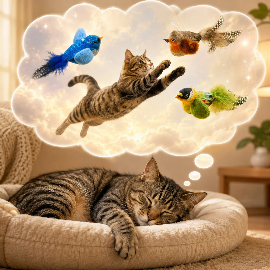Realistic Bird Cat Toy with Chirping Sound and Feather Tail Hanging Teaser for Indoor Cats Interactive Self Play and Exercise