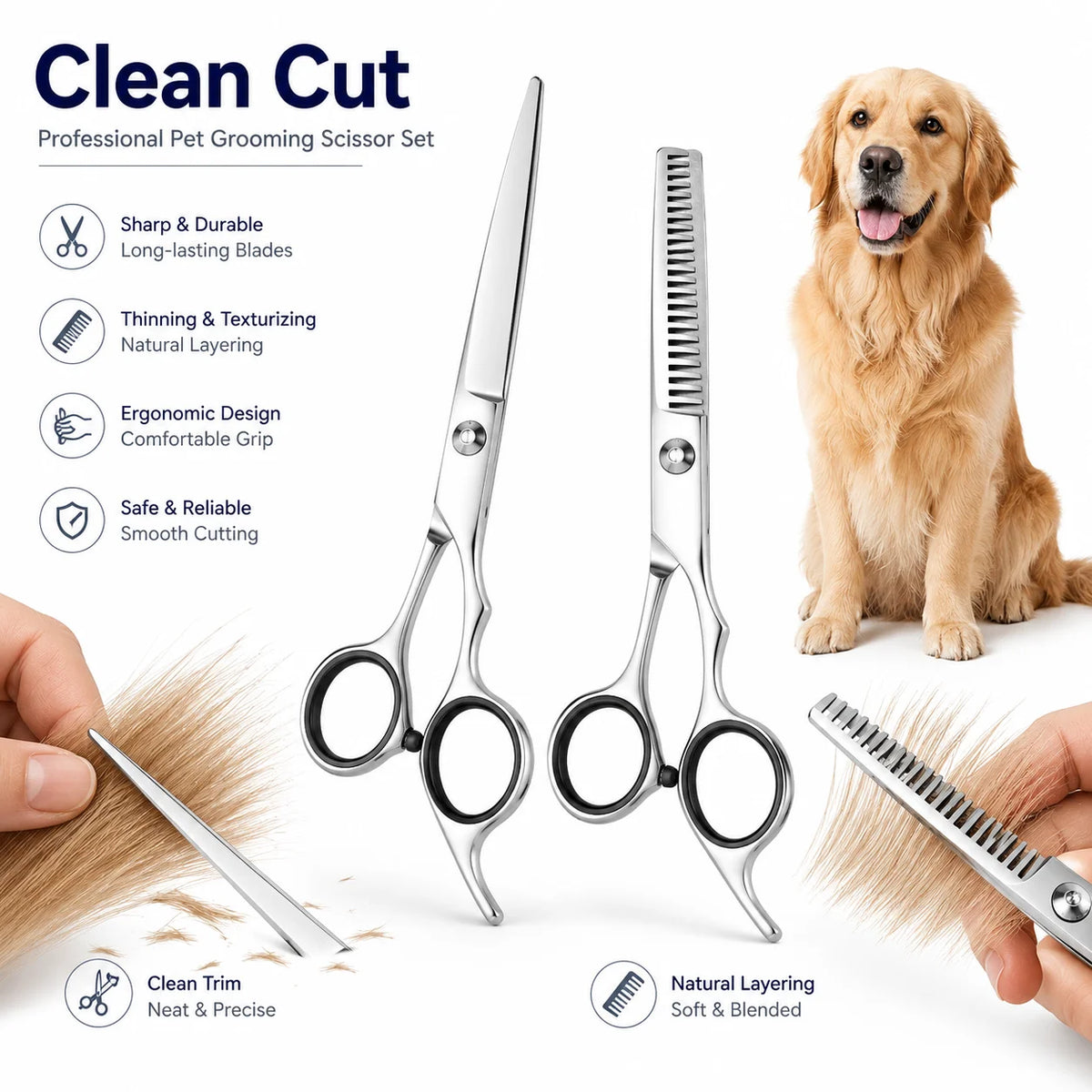 Stainless Steel Pet Grooming Scissors with Comb – Straight or Thinning