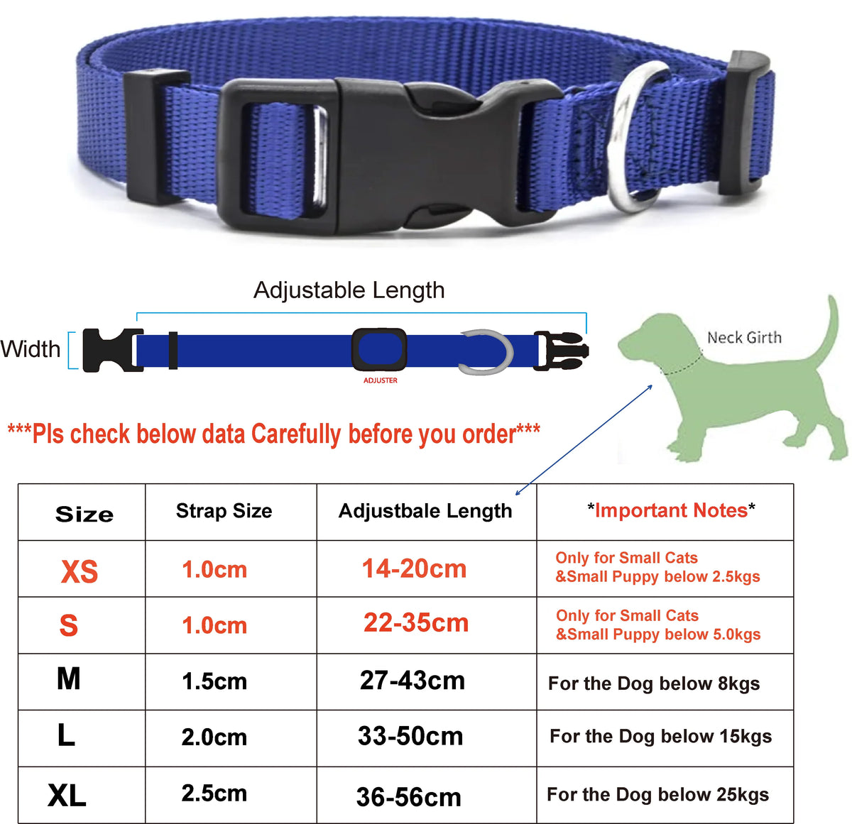 Adjustable Nylon Collar for Dogs and Cats, XS–XL