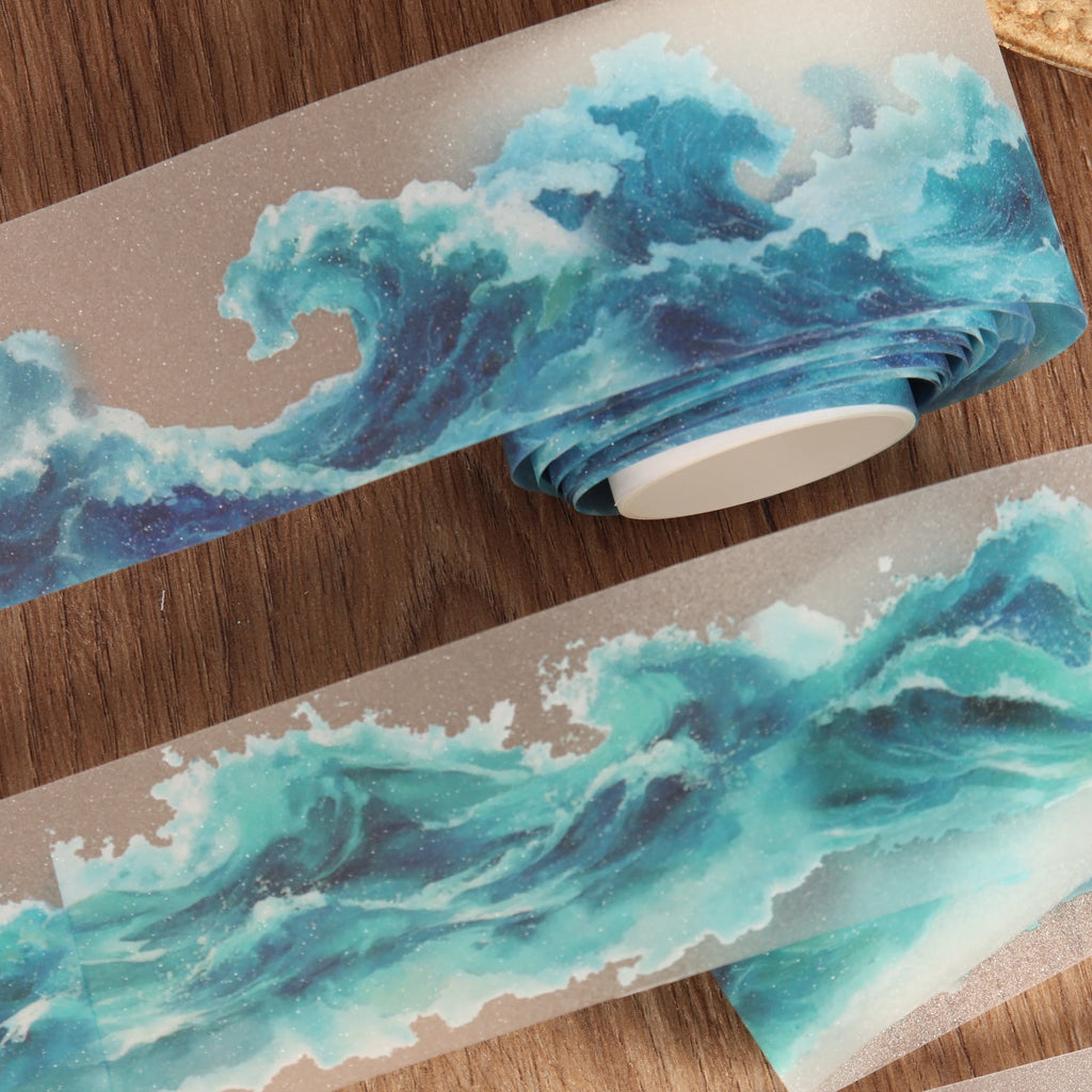 1roll PET Ocean Waves Self-adhesive Decorative Tape for Scrapbooking Supplies, Collage Decoration, Junk Journals, Clip Art