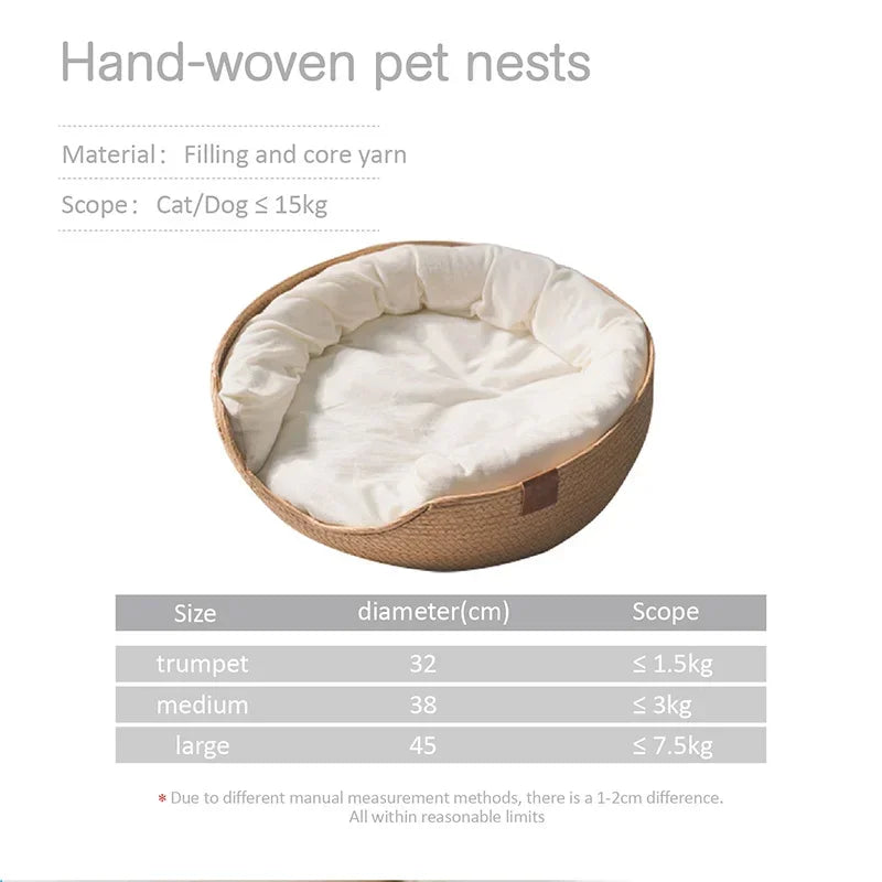 Woven Bamboo-Style Cat Basket Bed with Cushion & Pillow