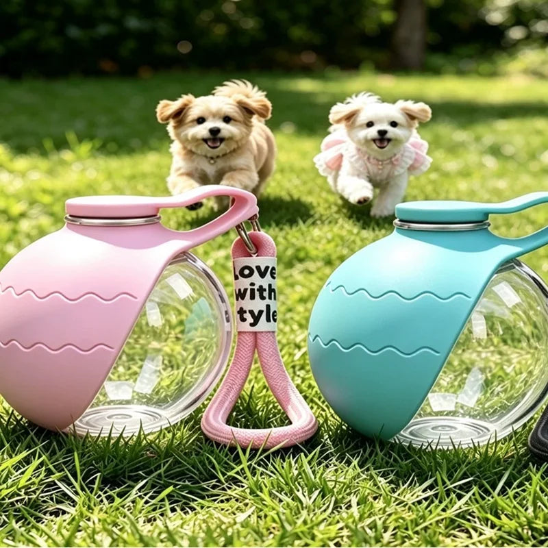 Spherical Portable Pet Dog Water Bottle PET With Foldable Silicone Bowl Reflow Water Dispenser For Walking Hiking Camping