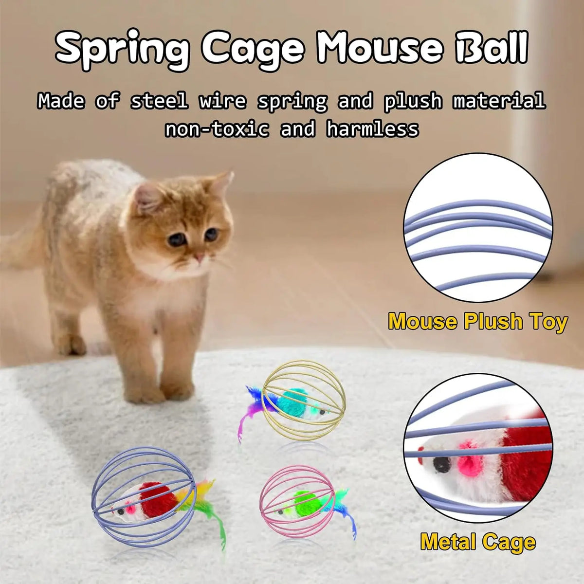 Interactive Cat Toy Mouse Ball Cage Random Color Plush Mouse  Kitten Play Toys for Indoor Kittens Exercise Pet Supplies
