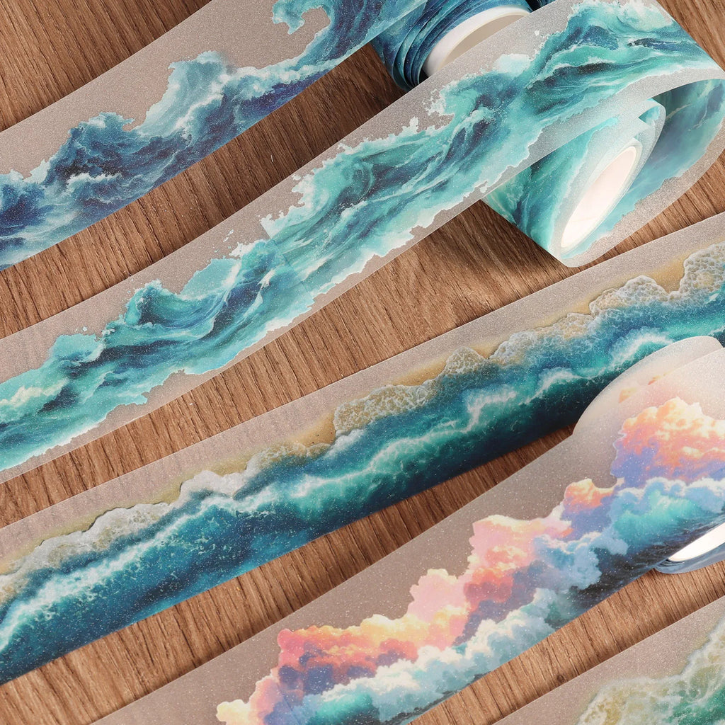 1roll PET Ocean Waves Self-adhesive Decorative Tape for Scrapbooking Supplies, Collage Decoration, Junk Journals, Clip Art