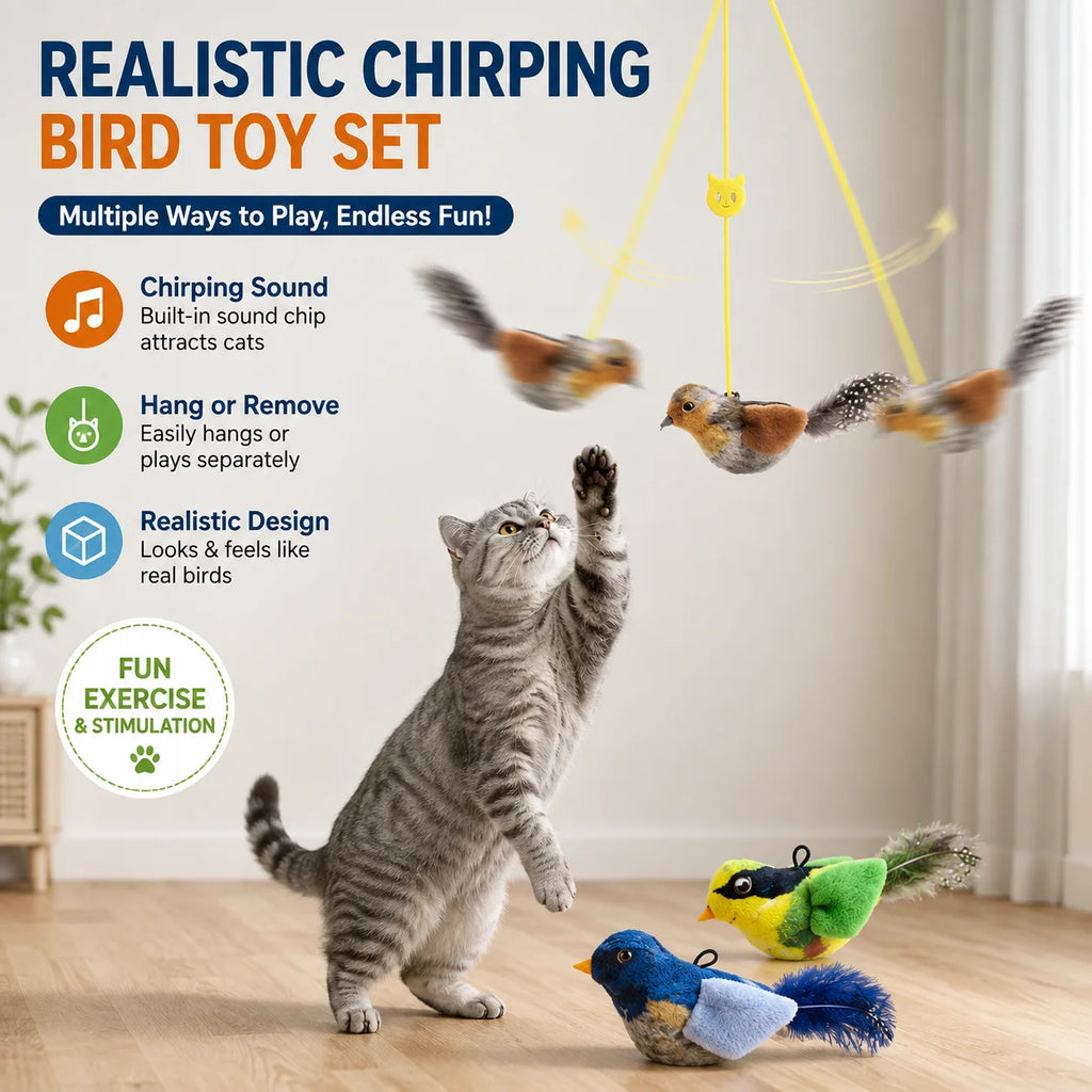 Pet-Safe Hanging Elastic Rope Cat Teaser, 1/3 PCS Simulated Bird Sound Toy for Indoor Cats Healthy Daily Play Exercise
