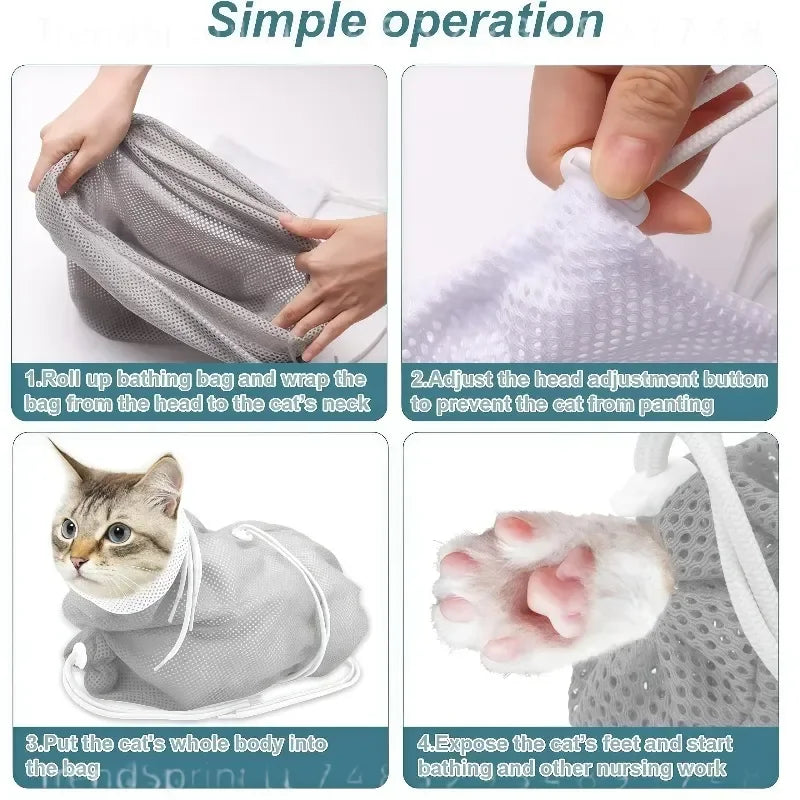 Adjustable Mesh Cat Grooming Bag for Nail Trims & Baths