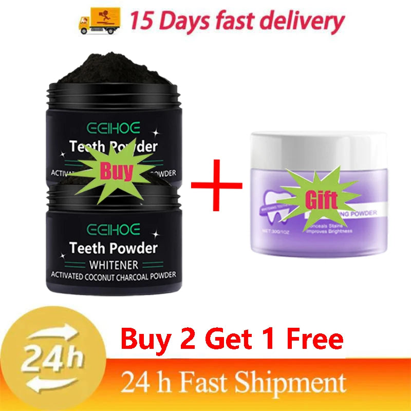 Black Powerful Teeth Whitening Powder Fast Whitens Yellow Teeth Effective Removes Stains Gently Cleans Oral Hygiene Gums Care