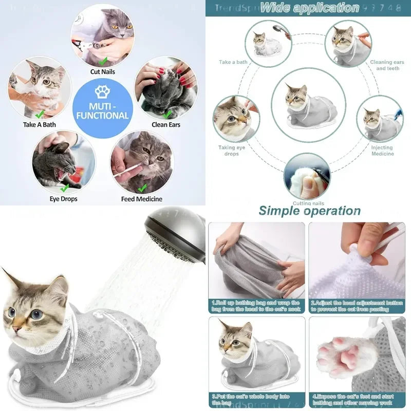 Adjustable Mesh Cat Grooming Bag for Nail Trims & Baths
