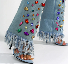 Knee High Blue Denim Crystal Sandal Boots
