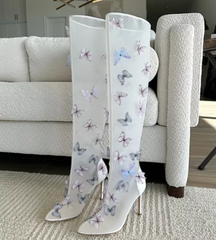 White Mesh Colorful Butterfly Knee-High Boots – Elevate Your Style