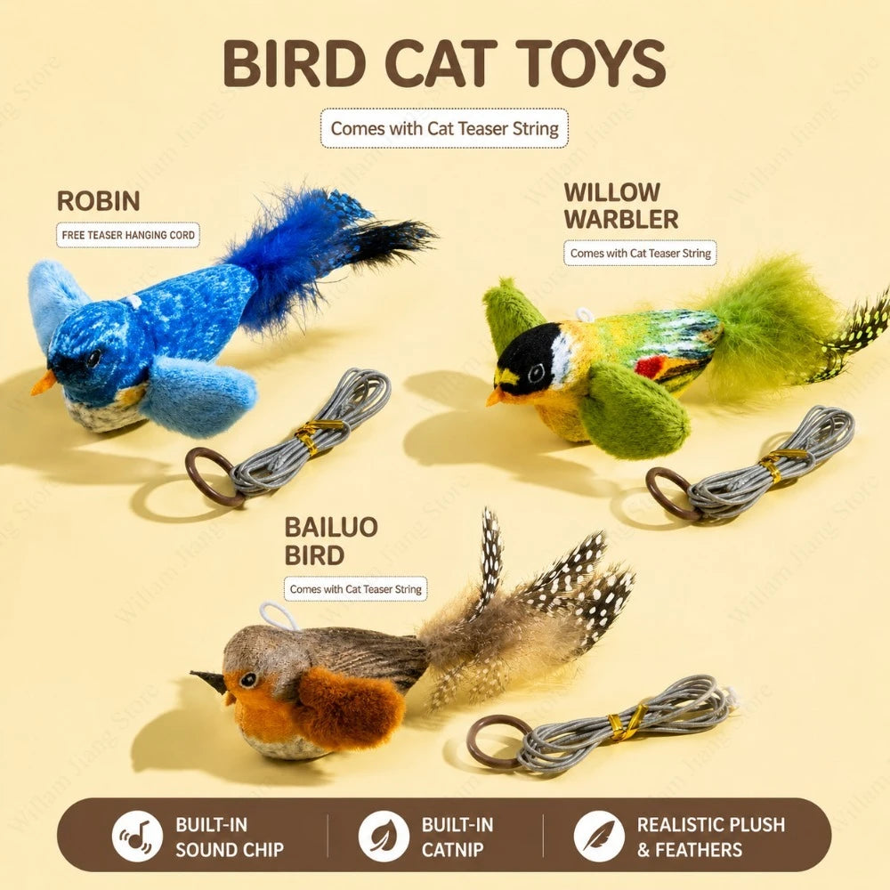 Pet-Safe Hanging Elastic Rope Cat Teaser, 1/3 PCS Simulated Bird Sound Toy for Indoor Cats Healthy Daily Play Exercise