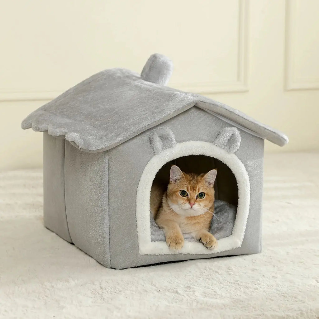 Plush Cat Ear Cave Bed with Pom Toy, S–L