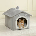 Plush Cat Ear Cave Bed with Pom Toy, S–L