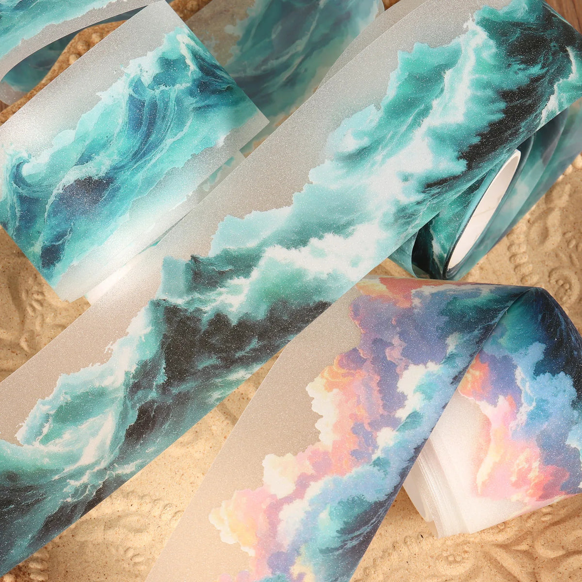 1roll PET Ocean Waves Self-adhesive Decorative Tape for Scrapbooking Supplies, Collage Decoration, Junk Journals, Clip Art