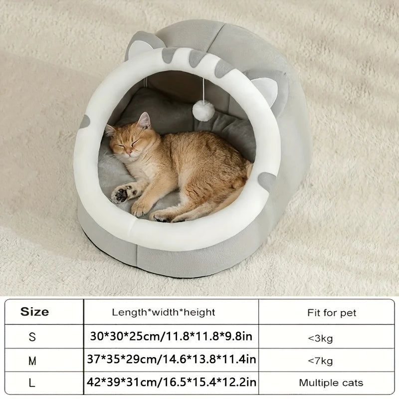 Plush Cat Ear Cave Bed with Pom Toy, S–L