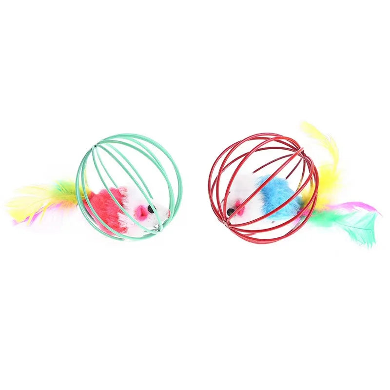 Interactive Cat Toy Mouse Ball Cage Random Color Plush Mouse  Kitten Play Toys for Indoor Kittens Exercise Pet Supplies