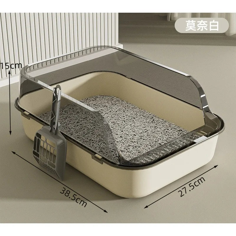 Semi-Enclosed Litter Box with Detachable Scoop, Off-White or Gray