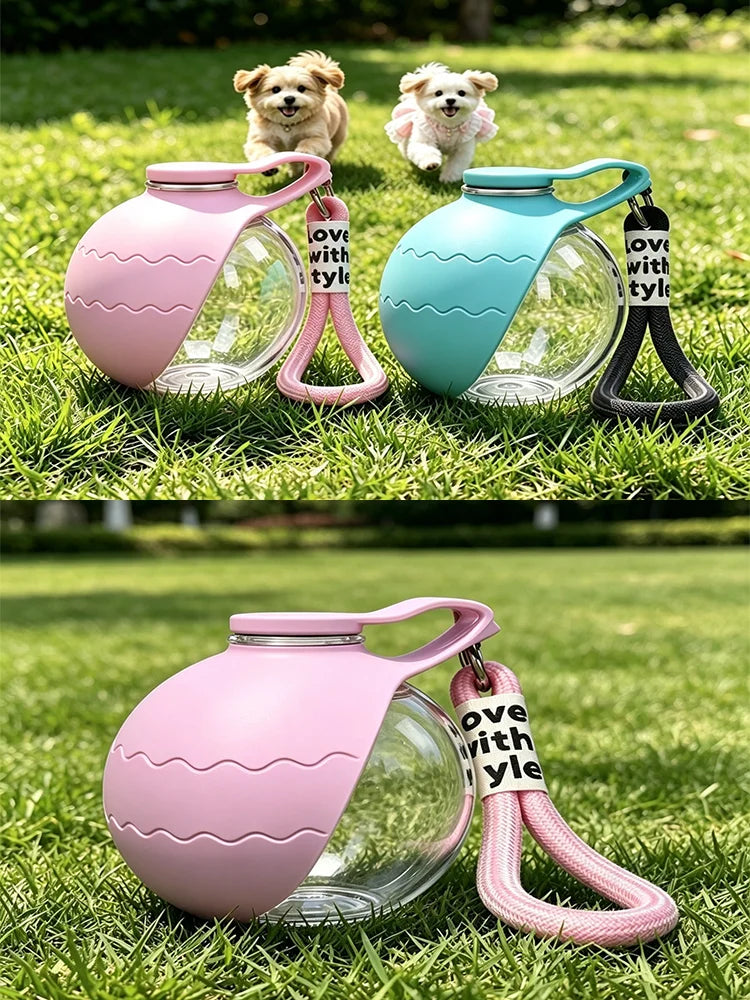 Spherical Portable Pet Dog Water Bottle PET With Foldable Silicone Bowl Reflow Water Dispenser For Walking Hiking Camping