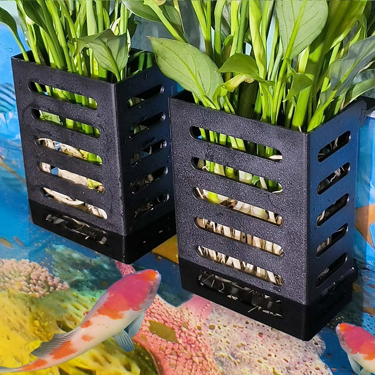 Pet Fish Tank Decorations Aquarium Plant Stand Adsorbable Hydroponic Plant Storage Plastic Aquarium Square Hollow Storage Basket