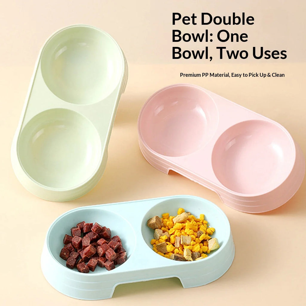 Plastic Pet Double Bowl Feeder PP Material Cat Dog Food Water Feeding Dish Non‑Slip Base Portable Pet Feeder Bowl