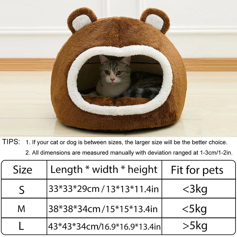 Plush Cat Ear Cave Bed with Pom Toy, S–L