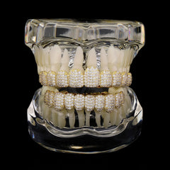 Hip pop Iced Out 10 Top &10 Bottom 5A CZ Stones Teeth Grillz Punk Rapper 14K Gold Plated Zircon Tooth Caps For Mouth Jewelry