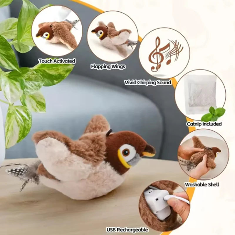Cat Toy Interactive Flapping Bird with Catnip Rechargeable Simulation Bird Cat Toys Touch Activated Fluffy Plush Toys for Cats