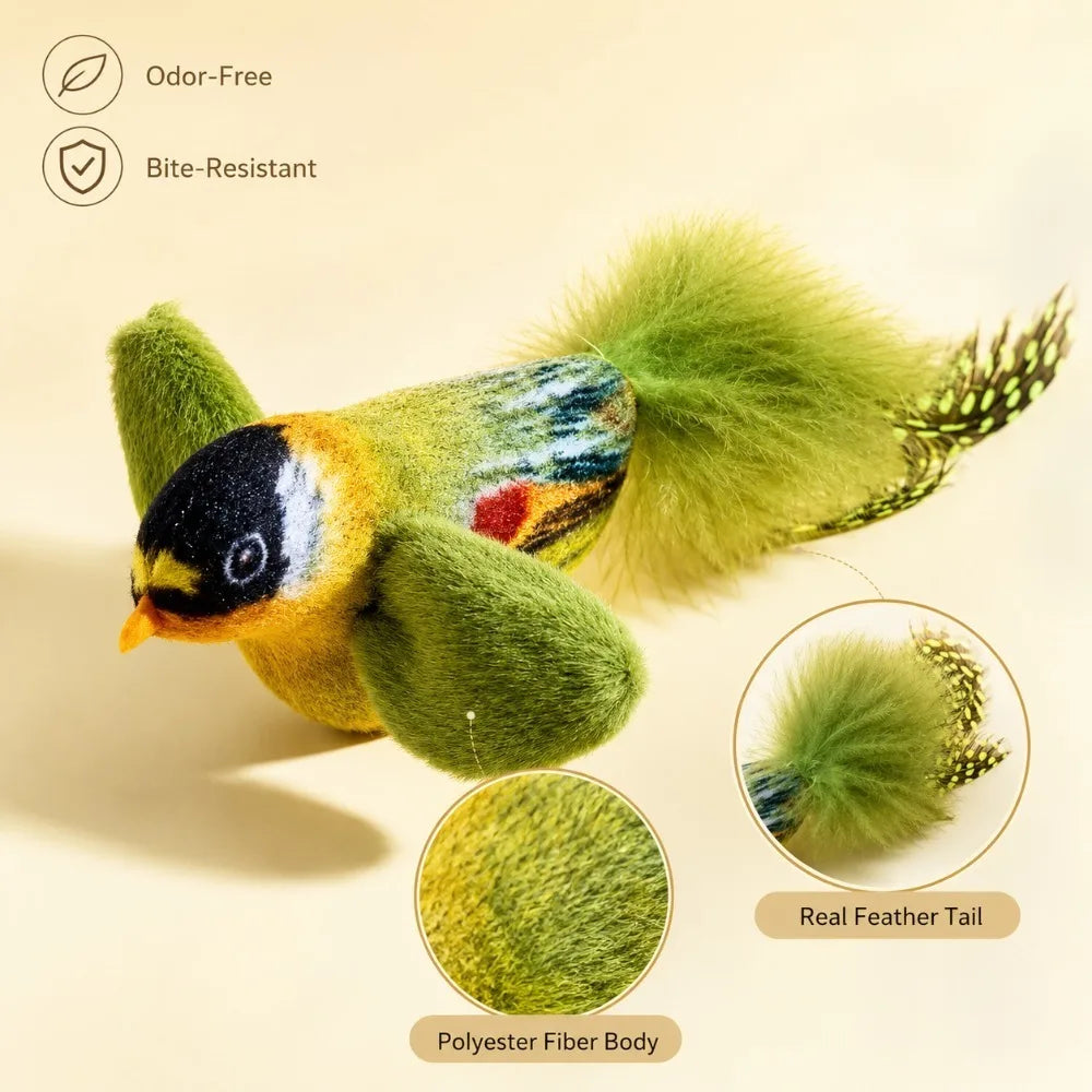 Realistic Bird Cat Toy with Chirping Sound and Feather Tail Hanging Teaser for Indoor Cats Interactive Self Play and Exercise