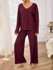 V-Neck Long Sleeve Top and Wide Leg Pants Set Trendsi