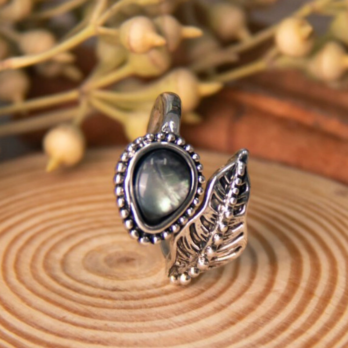 Alloy Moonstone Leaf Bypass Ring Trendsi