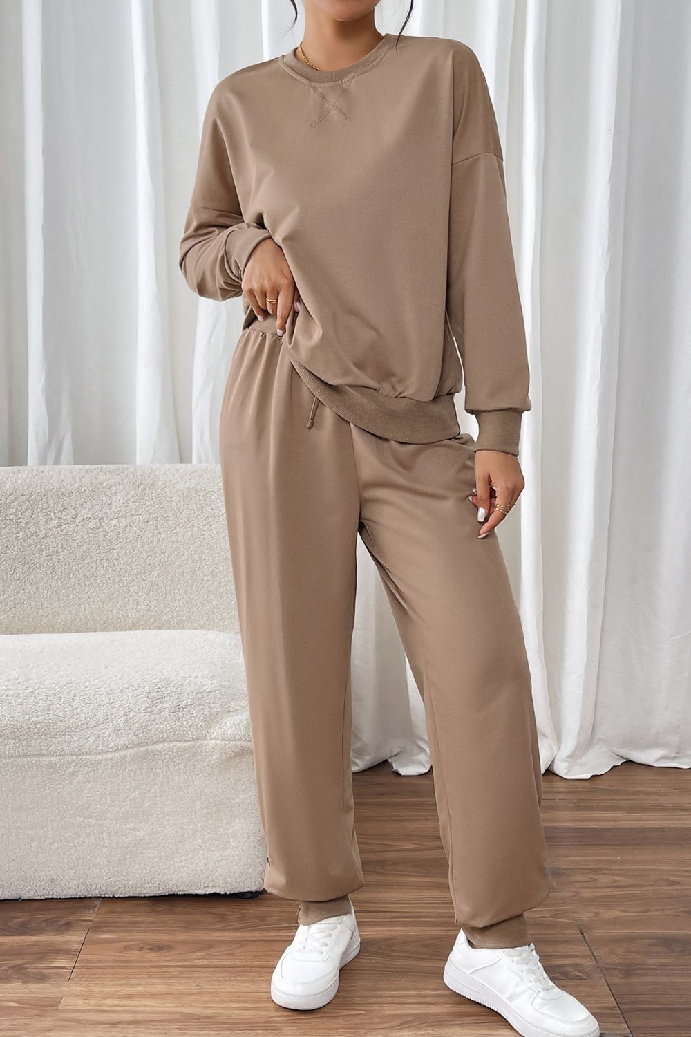 Perfee Round Neck Long Sleeve Top and Pants Set Trendsi