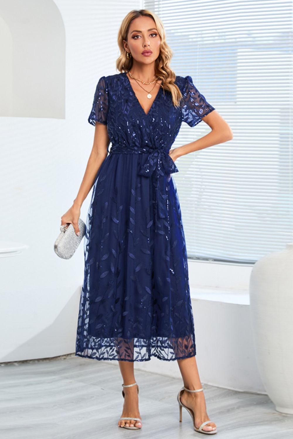 Sequin Leaf Embroidery Tie Front Short Sleeve Dress Trendsi