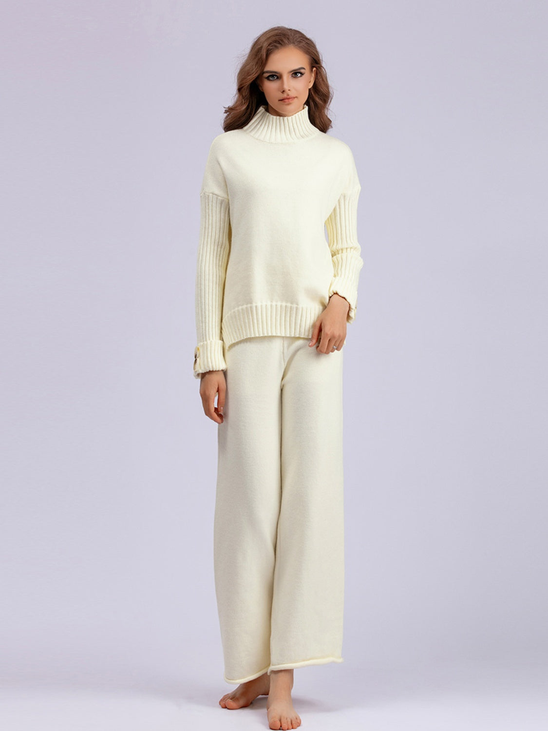 Basic Bae High- Low Turtleneck Long Sleeve Top and Pants Sweater Set Trendsi