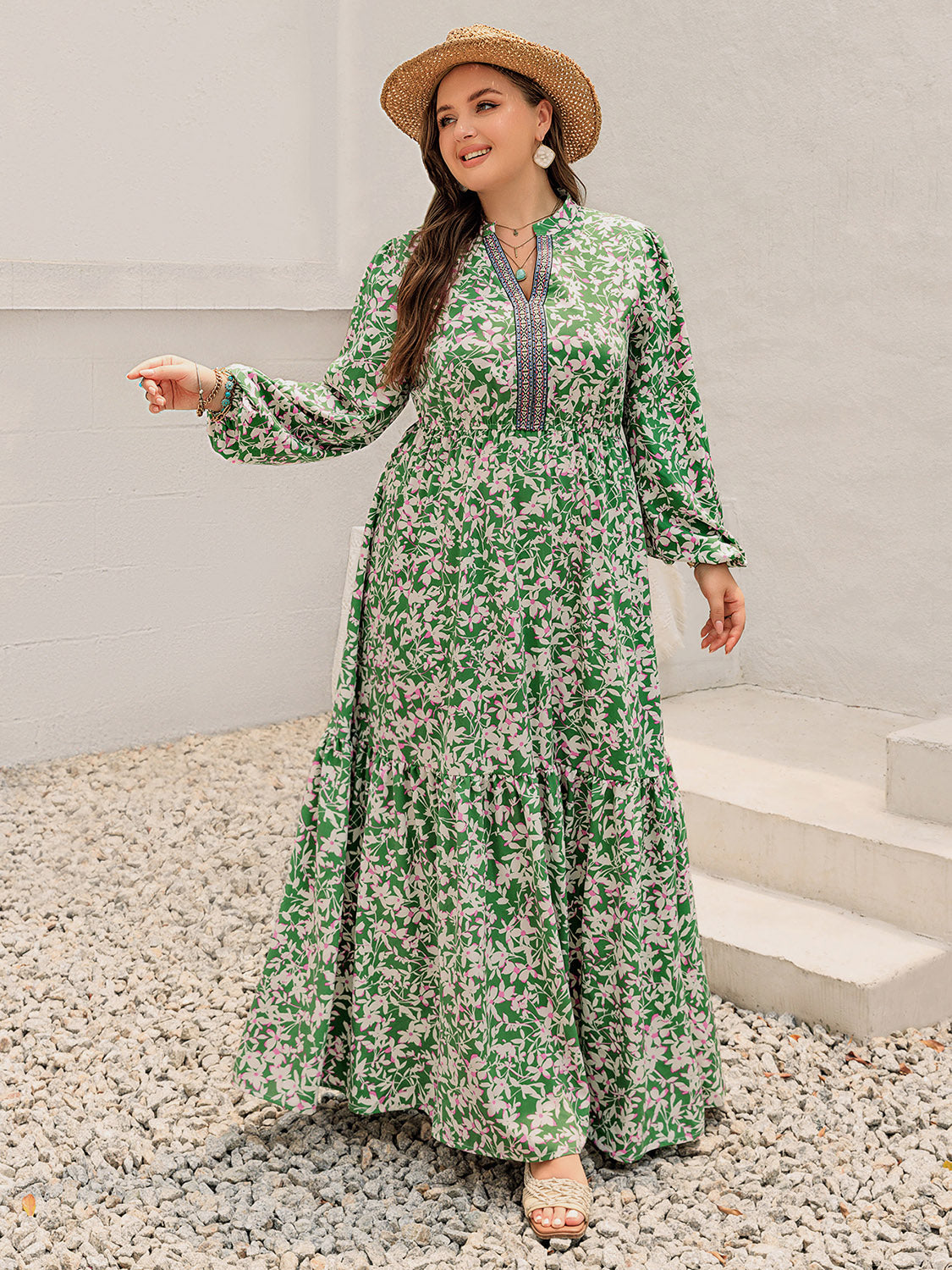 Plus Size Printed Notched Long Sleeve Maxi Dress Trendsi