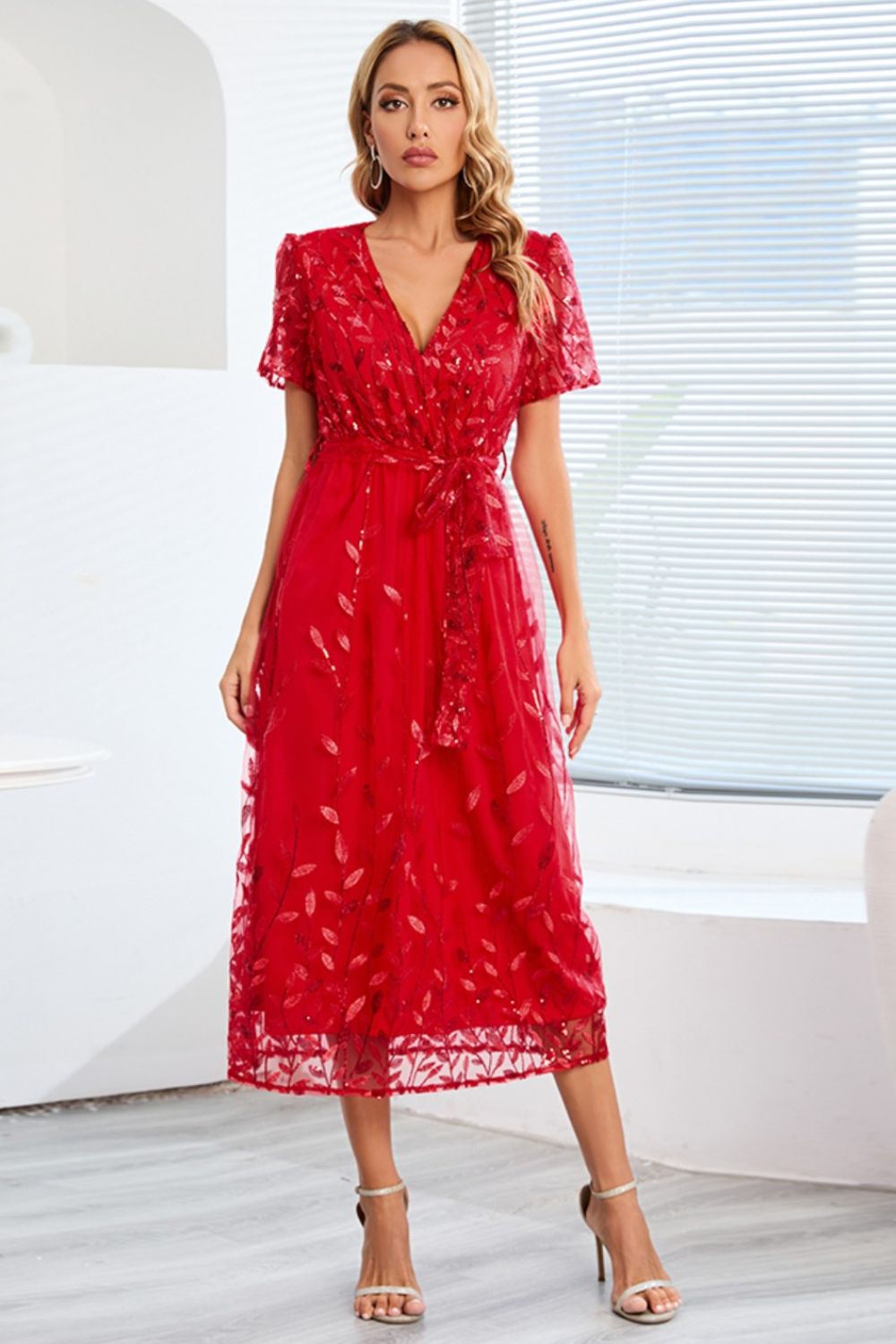 Sequin Leaf Embroidery Tie Front Short Sleeve Dress Trendsi