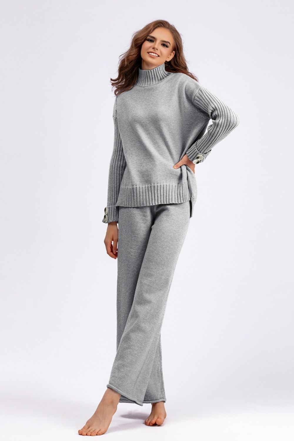 Basic Bae High- Low Turtleneck Long Sleeve Top and Pants Sweater Set Trendsi