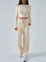 Devine Round Neck Long Sleeve Top and Pants Set Trendsi