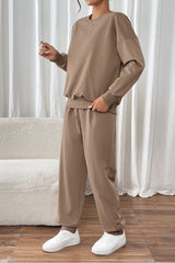 Perfee Round Neck Long Sleeve Top and Pants Set Trendsi