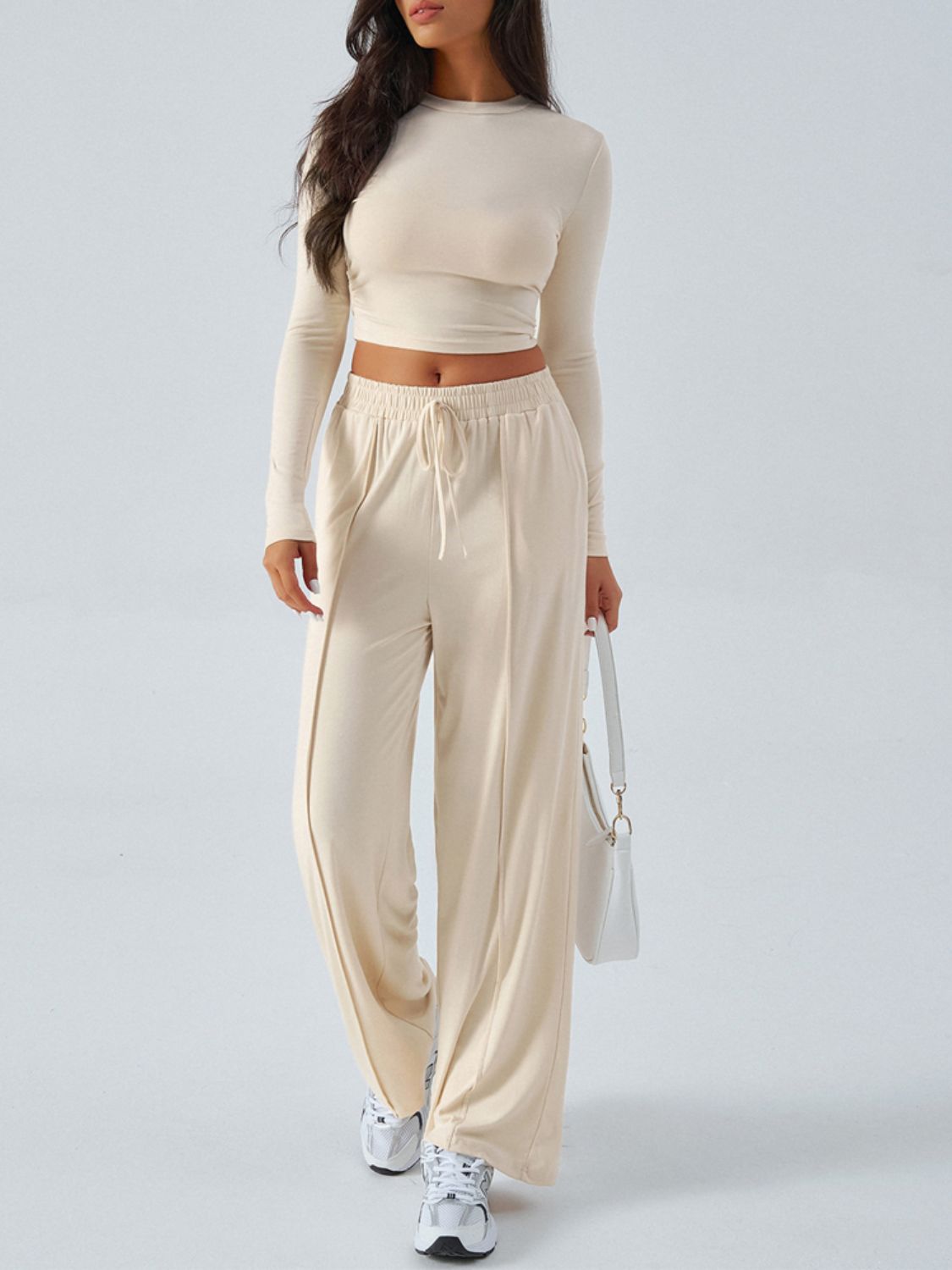 Devine Round Neck Long Sleeve Top and Pants Set Trendsi