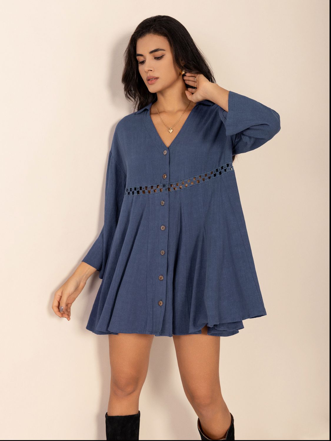 Cutout Johnny Collar Long Sleeve Mini Dress Trendsi