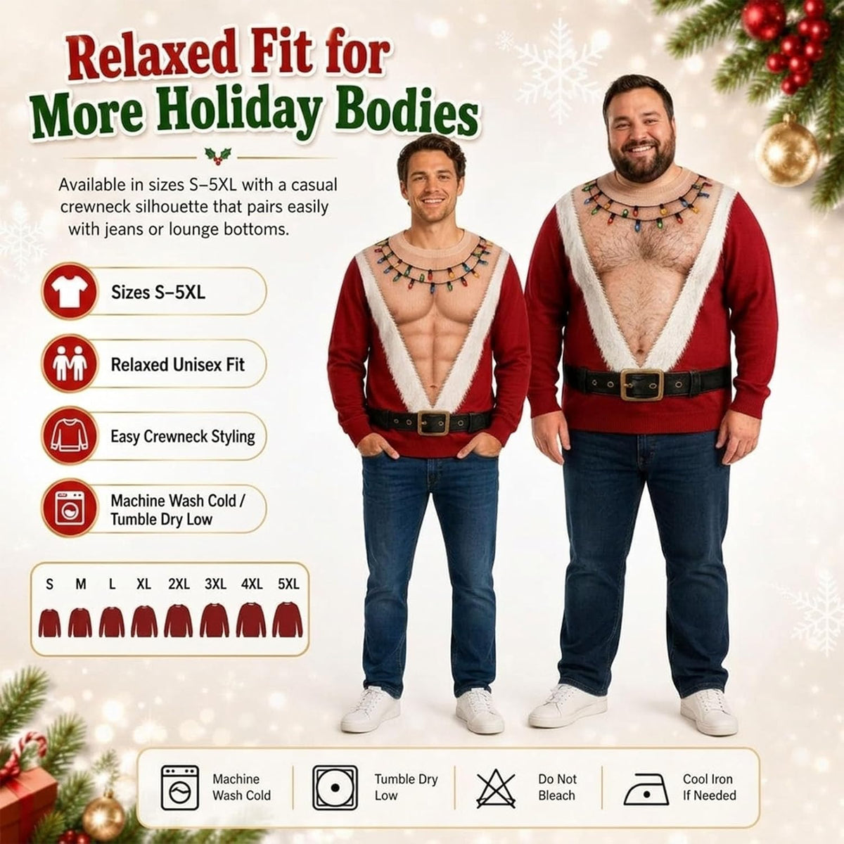 Men Ugly Christmas Sweater 3D Chest Hairy Santa Funny Sweatshir