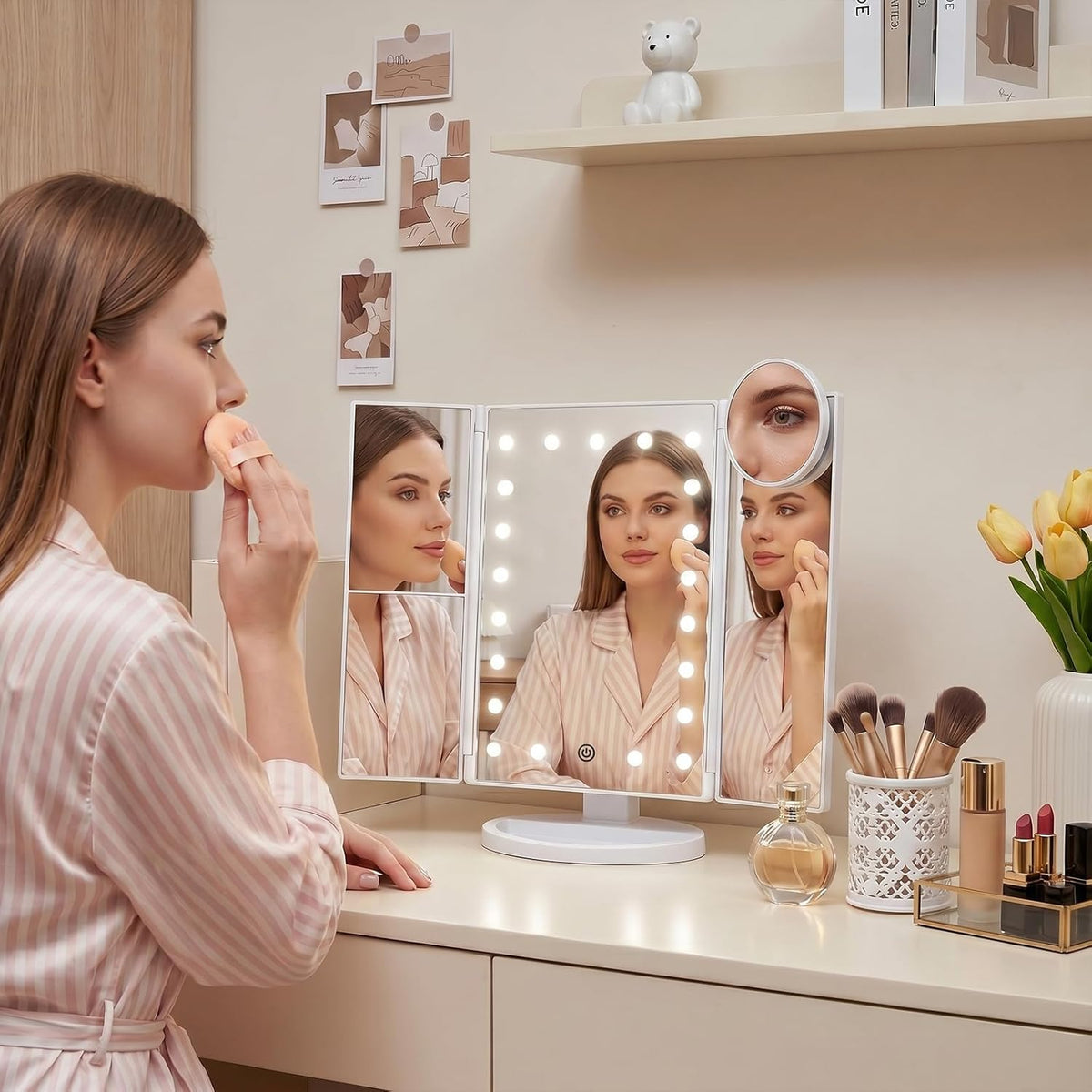 2X/3X/10X Magnifying Vanity Mirror with Light, Trifold Makeup Mirror