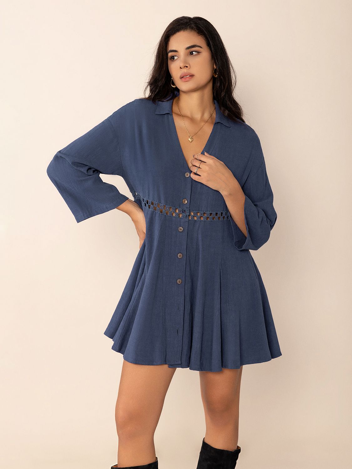 Cutout Johnny Collar Long Sleeve Mini Dress Trendsi