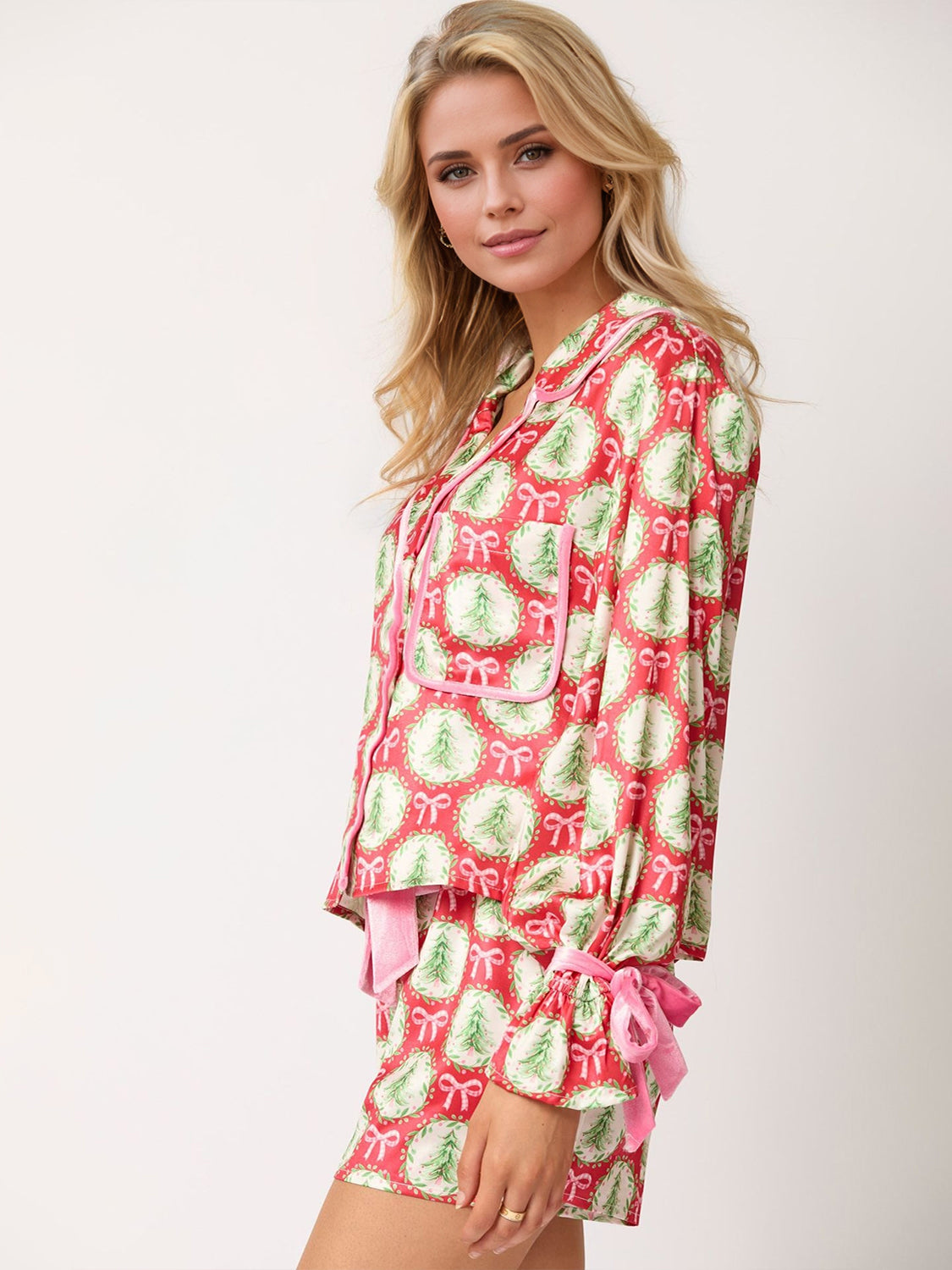 Tied Printed Collared Neck Long Sleeve Top and Shorts Set Trendsi