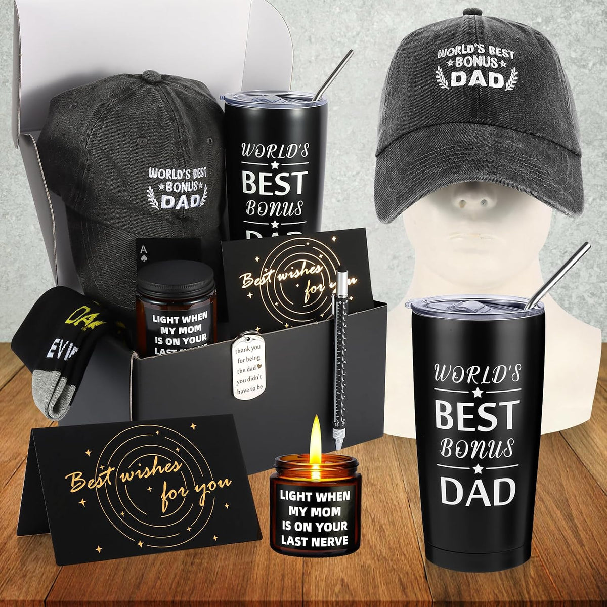 9 Pieces Bonus Dad Gift Set Best Bonus Dad Ever Gifts for Men with Tumbler Mens Socks Mens Baseball Cap Key Chain Card for Father Uncle for Christmas, Birthday
