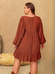 Plus Size Embroidered Tie Neck Balloon Sleeve Mini Dress Trendsi